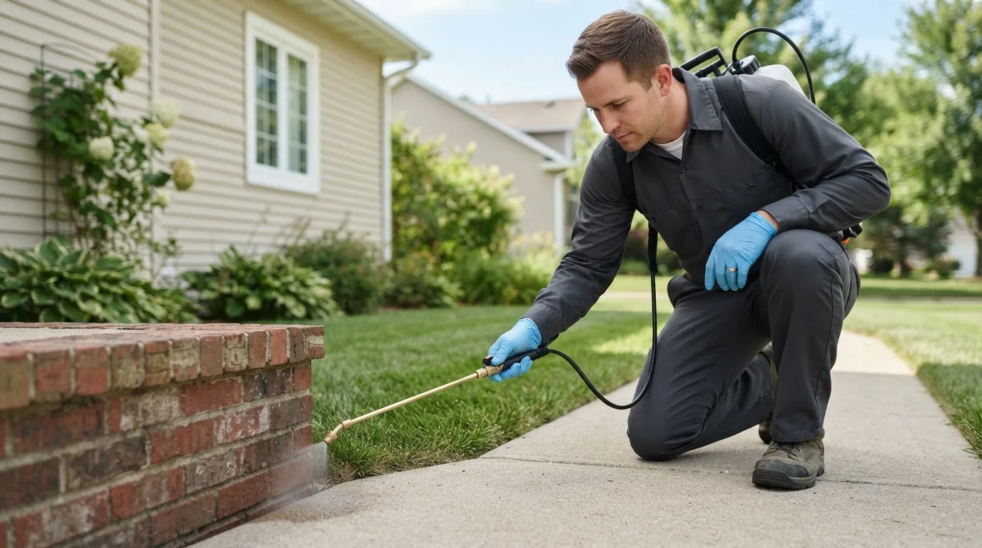 Pest control technician treating a home near Doole, TX