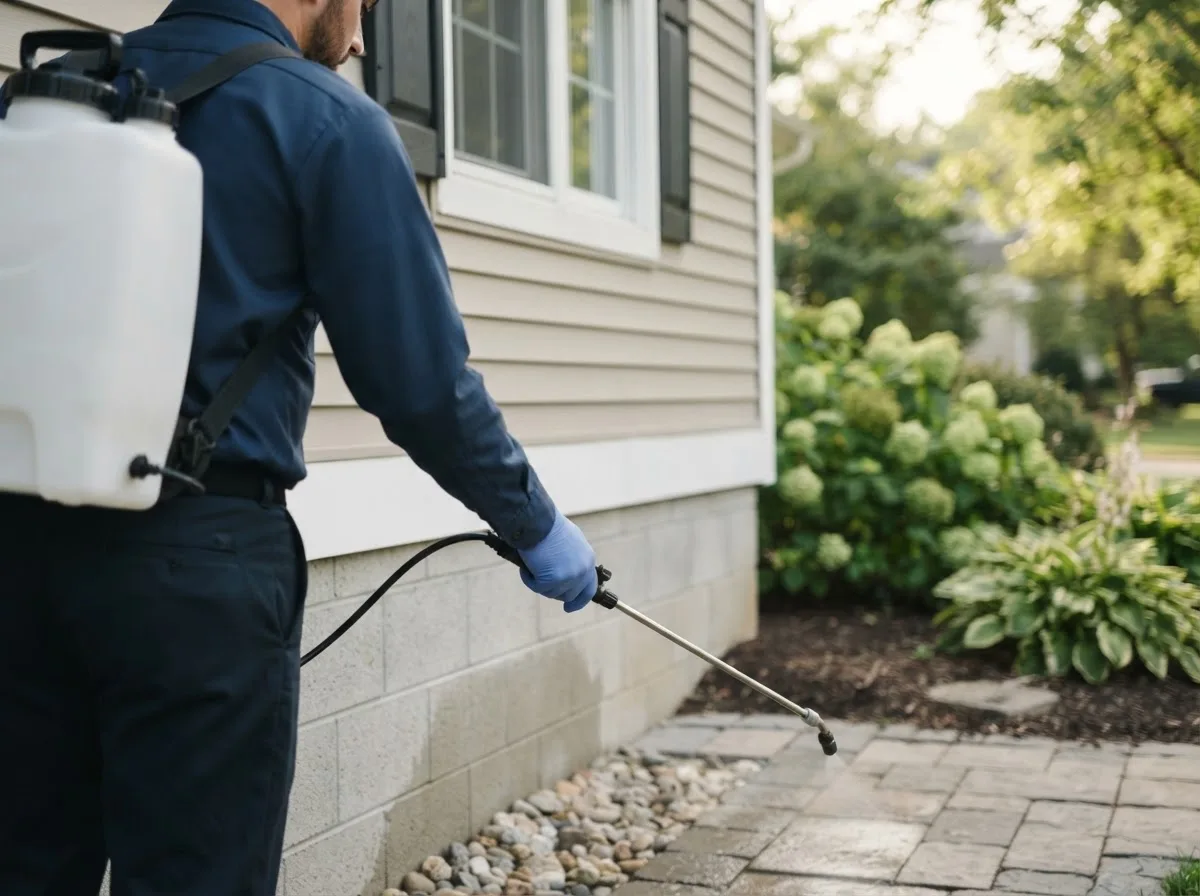 Pest control technician inspecting a home in Doole, TX